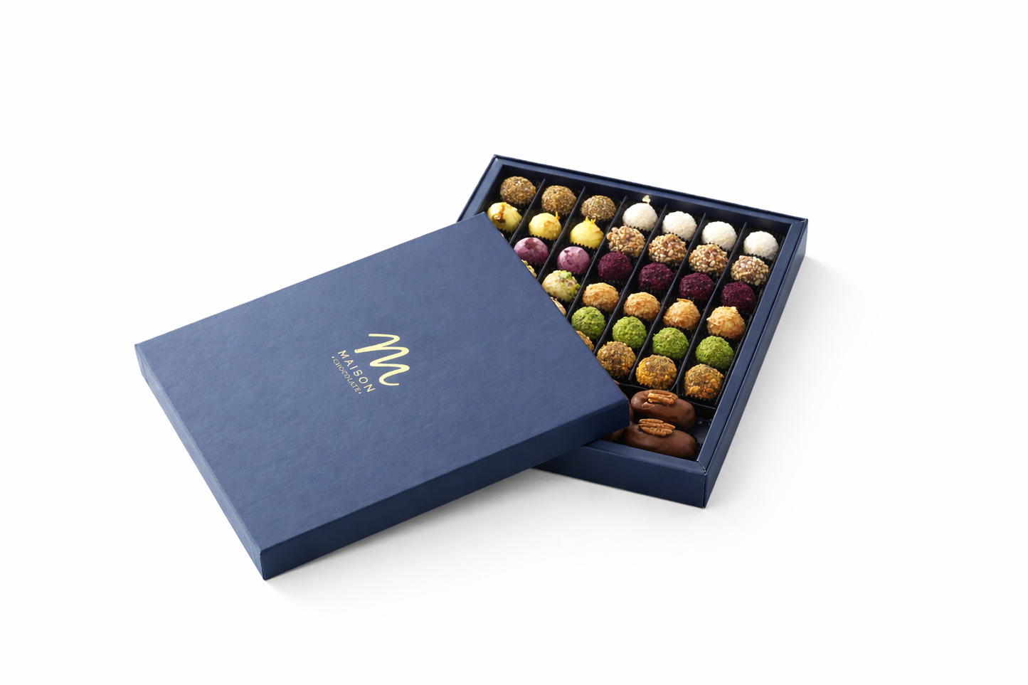 MAISON Premium Karışık Trüf Çikolata Kutusu 620 g Lacivert El Yapımı Özel Tasarım