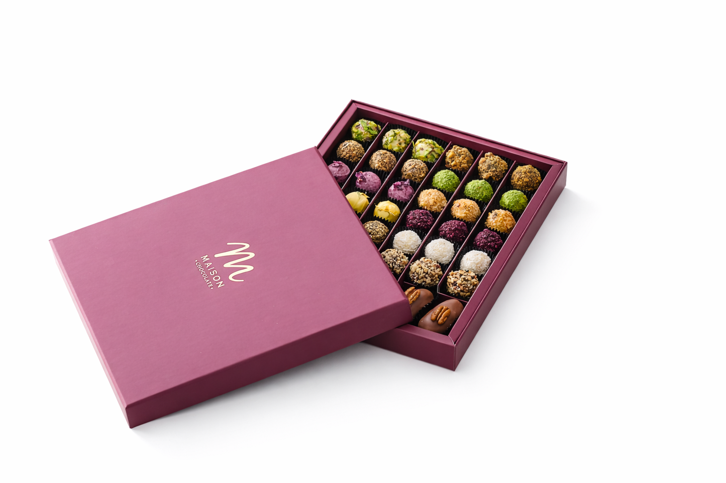MAISON Premium Karışık Trüf Çikolata Kutusu 620 g Bordo El Yapımı Özel Tasarım