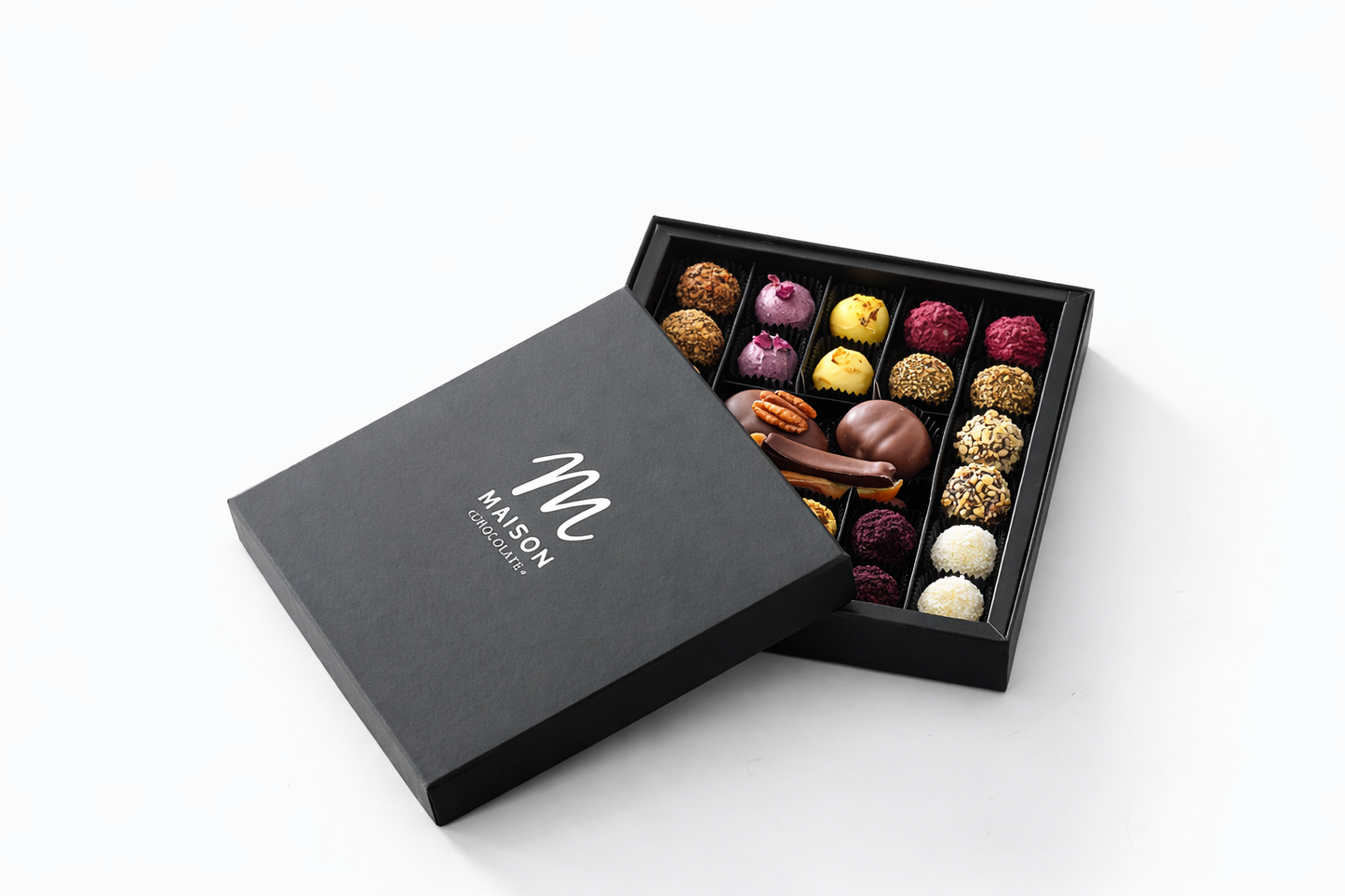 MAISON Premium Karışık Trüf Çikolata Kutusu 335 g Siyah El Yapımı Özel Tasarım