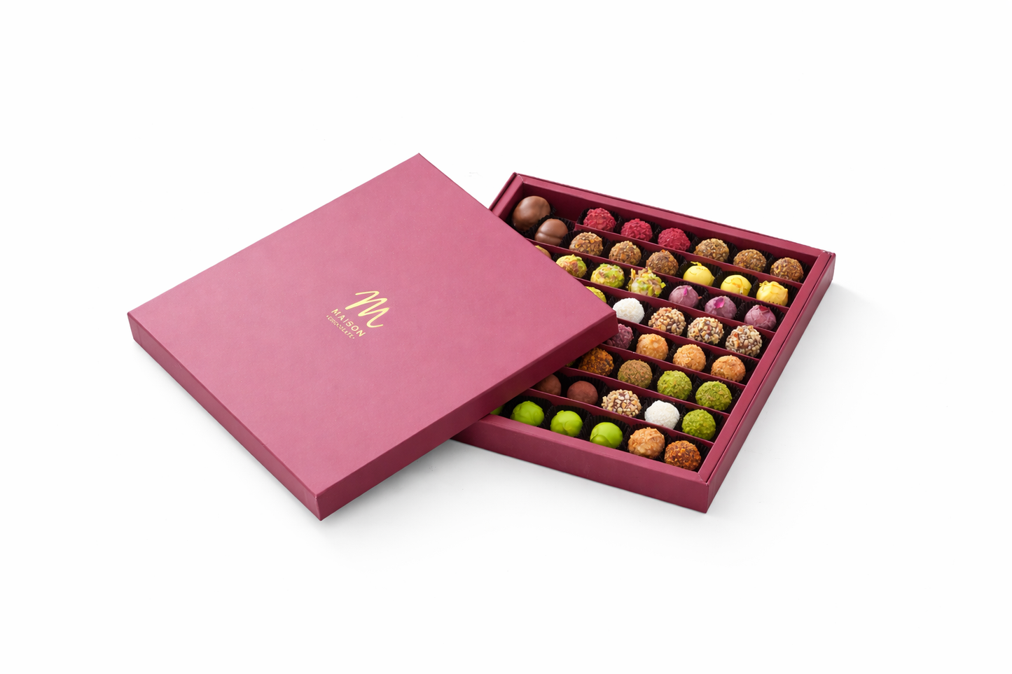 MAISON Premium Karışık Trüf Çikolata Kutusu 750 g Bordo El Yapımı Özel Tasarım